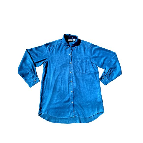 Chicos Design Vintage Aqua Blue Button Up Tunic Shirt Long Sleeve Faux Suede 1 - Picture 8 of 9